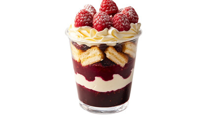  An elegant trifle, with layers of Greek yogurt cream and fresh raspberries on top, in a glass cup , cut out