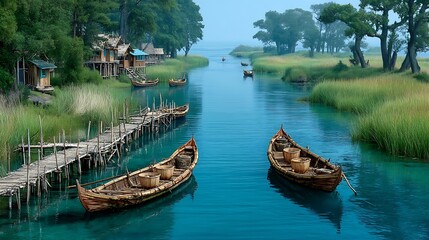 Obraz premium Traditional handmade fishing boats resting calm blue water high resolution picture