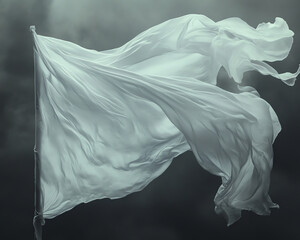 Naklejka premium A white flag gently waves in the air, symbolizing peace and surrender against a dramatic clouded background.