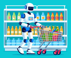 An android robot rolls a cart filled with groceries from the supermarket. Flat color vector illustration. EPS. © Dzianis