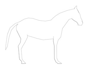 A horse is drawn in black and white. The horse is standing in a field. The horse is not in motion
