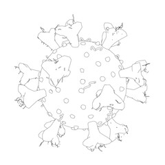 A drawing of a virus with a white background. The virus is surrounded by a circle of dots