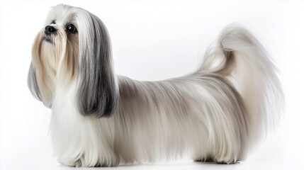 A full-body Maltese dog with long, silky white fur, isolated on a white background.
