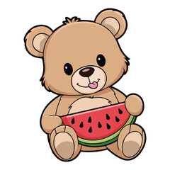 Teddy bear eating watermelon fruit isolated vector illustration on white background