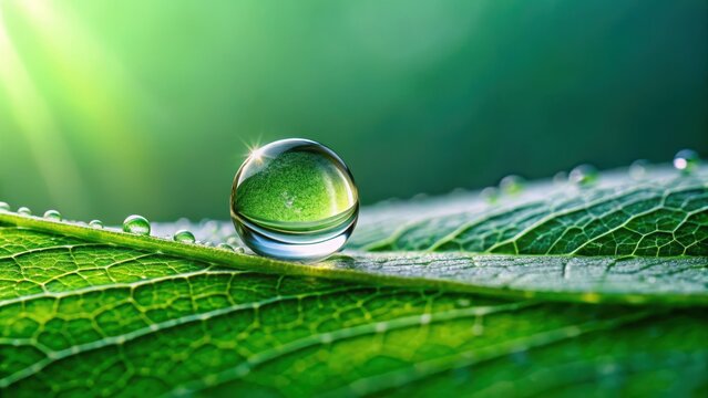 A delicate water droplet clinging to a leaf surface , small planet, close-up,  small planet, close-up, nature