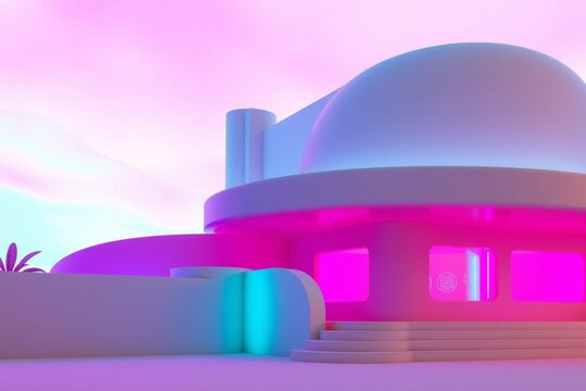 Futuristic building with a domed roof illuminated by neon pink and