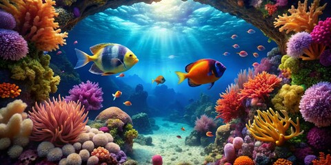 Vibrant Reef Scene Sunlit Underwater World with Colorful Coral and Fish Swimming in a Cave