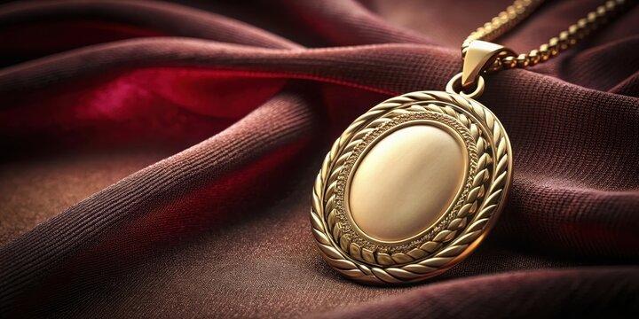 Elegant gold medal or locket sitting on a velvet display stand with intricate details and subtle shine, medal, treasure