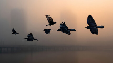 Birds flying over wind power plants in haze, abstract environment background. Pollution and smoke of the environment. Let's save nature and our earth.