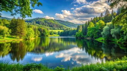 A serene landscape featuring lush greenery and a tranquil lake surrounded by towering trees and rolling hills in the distance , peaceful atmosphere , nature
