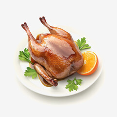 Elegant aerial composition of a mouthwatering roasted turkey glazed to perfection on a beautiful plate for thanksgiving