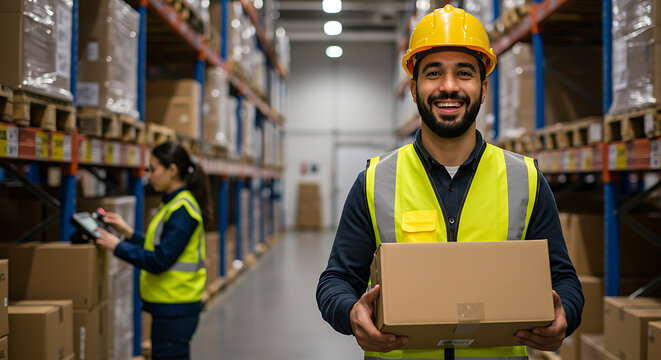 Warehouse Worker Smiling, Holding Package in Industrial Setting