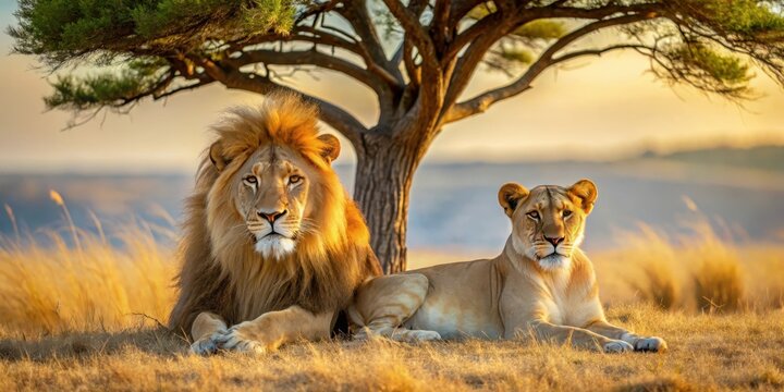 Majestic lion and lioness resting together under acacia tree in warm African savannah sunlight