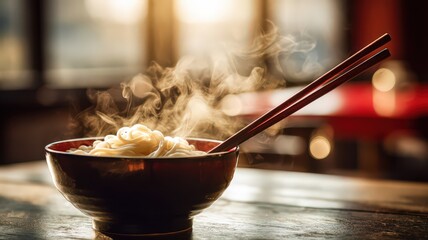 Warm Bowl of Steaming Udon Noodles with Chopsticks Lifted in a Cozy Restaurant Setting