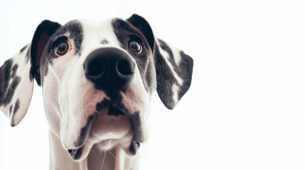 A close up of  Great Dane dog face looking forward and standing tall and elegant, isolated on a white background.
