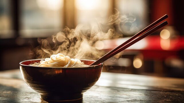 Warm Bowl of Steaming Udon Noodles with Chopsticks Lifted in a Cozy Restaurant Setting