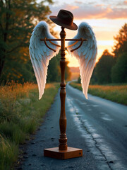 angel wings hanging on a standing hanger and a hat in the middle of the road, modern spiritual path concept 