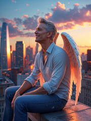 handsome angel archangel - man with white gray hair sitting above the city, spiritual lightworker like angel
