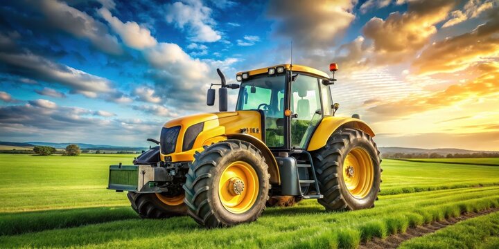 A large yellow agricultural tractor is prominently displayed in a lush green field, showcasing its robust features and agricultural capabilities, big, farming