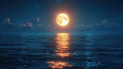 Serene Night: A Full Moon's Embrace over the Ocean