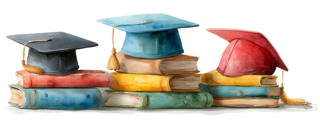 Watercolor graduation caps on a stack of books, in a clip art style, isolated on a transparent background