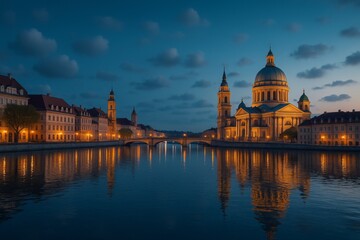 Fototapeta premium Stunning Evening View of Dresden Frauenkirche Illuminated Reflecting in River Elbe Beautiful Architecture Romantic Cityscape Night Photography German Landmark Peaceful Twilight Scenery Picturesque 