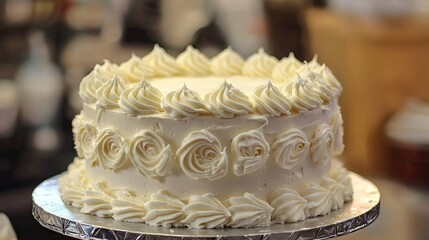 Creamy buttercream-frosted round cake with delicate designs.