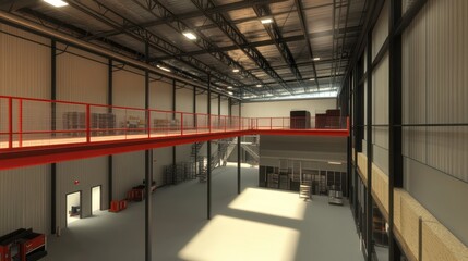 Fototapeta premium Warehouse interior, mezzanine, storage, equipment, sunlight, industrial, logistics, 3D render, business