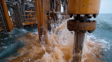 Close-up of oil gushing from drill casing into reinforced steel chamber