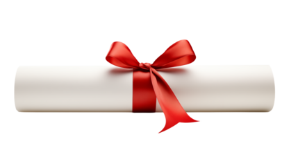 Certificate scroll tied with a red ribbon on a transparent background