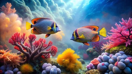 Obraz premium Vibrant Reef Scene Featuring Two Striking Angelfish Swimming Amidst Colorful Coral Formations and Diverse Marine Life