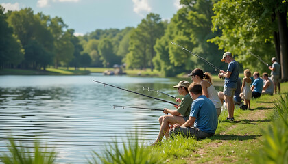 Lakeside Fishing: A Community Gathering on a Sunny Day