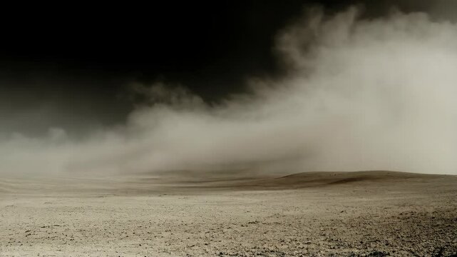 Stormy dust clouds rolling across arid land, creating a hazy and desolate landscape, showing parched cracked ground and gloomy, muted skies above