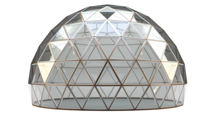 Geodesic dome structure with triangular glass panels view on a transparent background