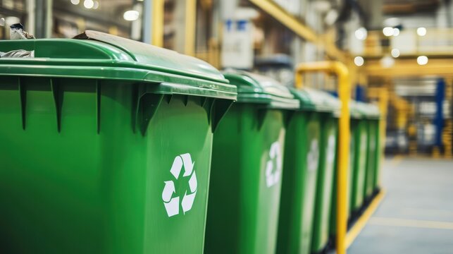 Green recycling bins in factory; industrial waste management
