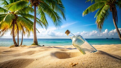 Vintage style paper label surrounds half-buried alcohol bottle in sandy beach of tropical island with palm trees and clear blue sky , beach, vintage