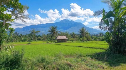 Obraz premium Lush green rice paddy field with a small hut, under a vibrant blue sky and majestic mountain backdrop