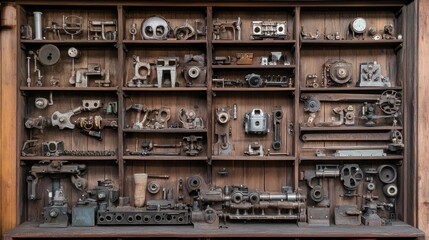 Internal combustion engine components arranged by type and size on metal racks