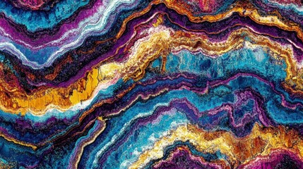 Vibrant, swirling abstract artwork in blues, purples, and golds, resembling a gemstone's layered interior