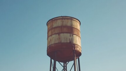 Rusty water tower against clear sky, rural setting, industrial