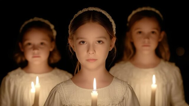 Saint Lucia Day Celebration: Three Young Girls in White Gowns Holding Candles in the Darkness, Traditional Swedish Holiday, Festive Mood