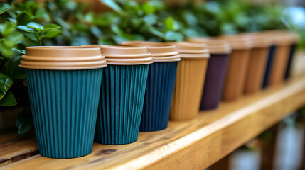 Harmonious coffee cups in gradient hues, a chromatic parade on wooden planks