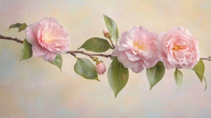 Obraz premium Soft-focus image of blooming camellias on a muted pastel background