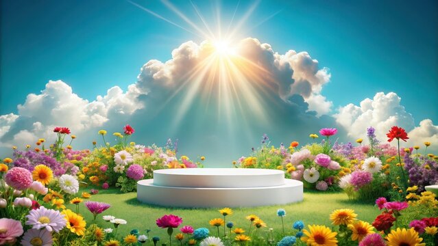 A cute podium with clouds in the background - Powered by Adobe