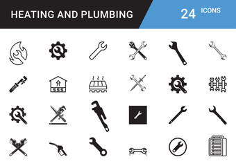 Heating and Plumbing Icons editable vector set  Boiler, Radiator, Pipe, Faucet, Thermostat, Wrench, Leak Repair, HVAC, Water Heater, Tap, Sink, Valve, Insulation