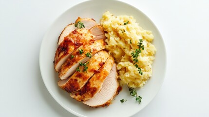 Deliciously roasted turkey breast slices alongside creamy mashed potatoes and fresh thyme