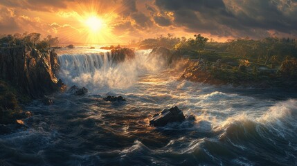 Sunset waterfall landscape, tropical river rapids, dramatic clouds