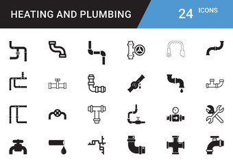 Heating and Plumbing Icons editable vector set  Boiler, Radiator, Pipe, Faucet, Thermostat, Wrench, Leak Repair, HVAC, Water Heater, Tap, Sink, Valve, Insulation