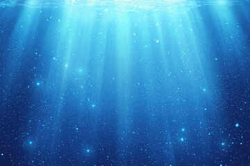 Glorious blue ocean waves illuminated by ethereal light rays creating a bioluminescent glow beneath the surface