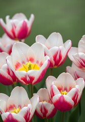 Fototapeta premium Tulip Flower White and Red Bloomtulip, bloom, petal, grow, white, red, fresh, soft, vibrant, delicate, close up, garden, spring, day, nature, flora, plant, background, outdoor, bright, decoration.